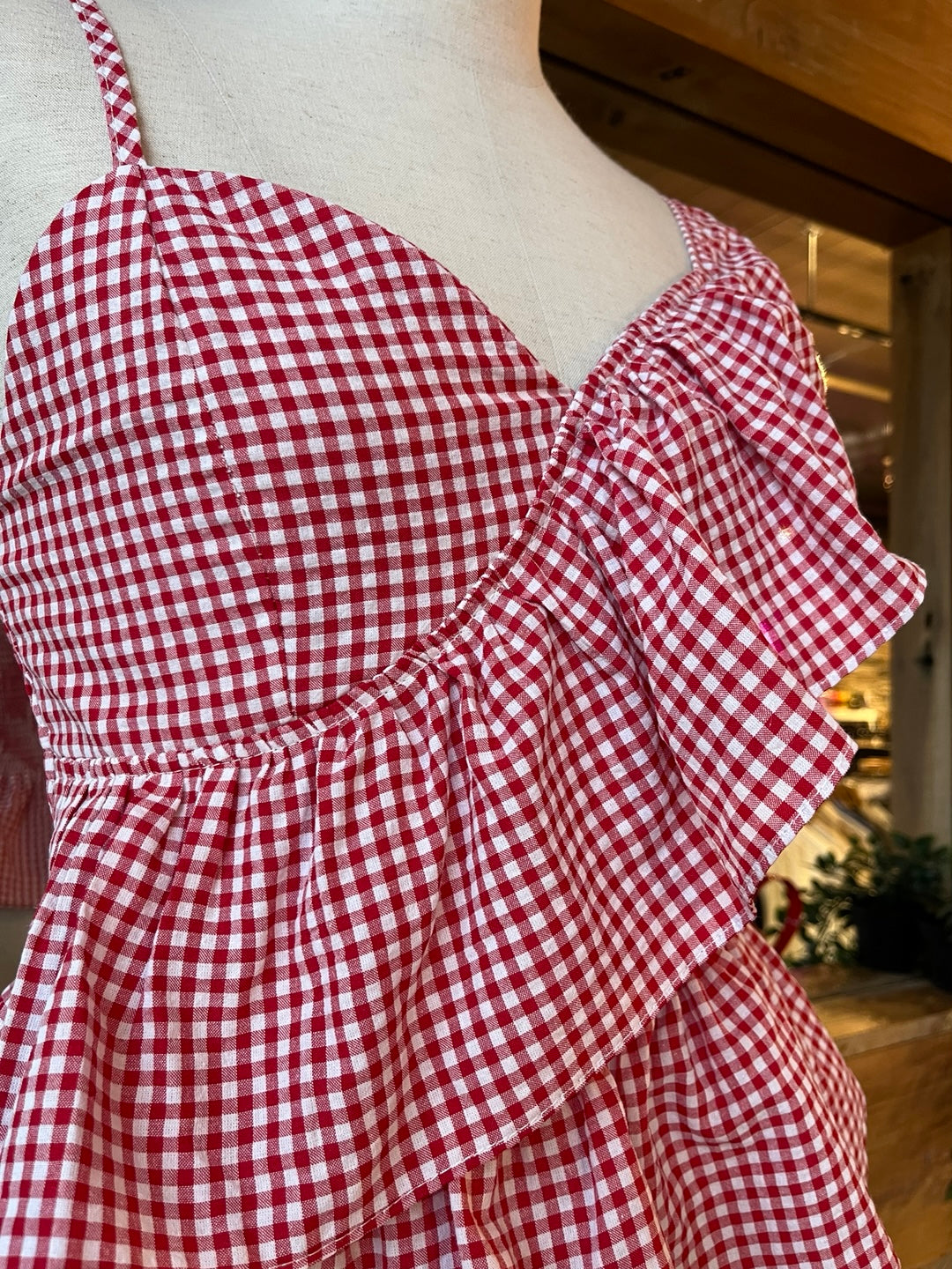 One Shoulder Gingham Ruffle Blouse