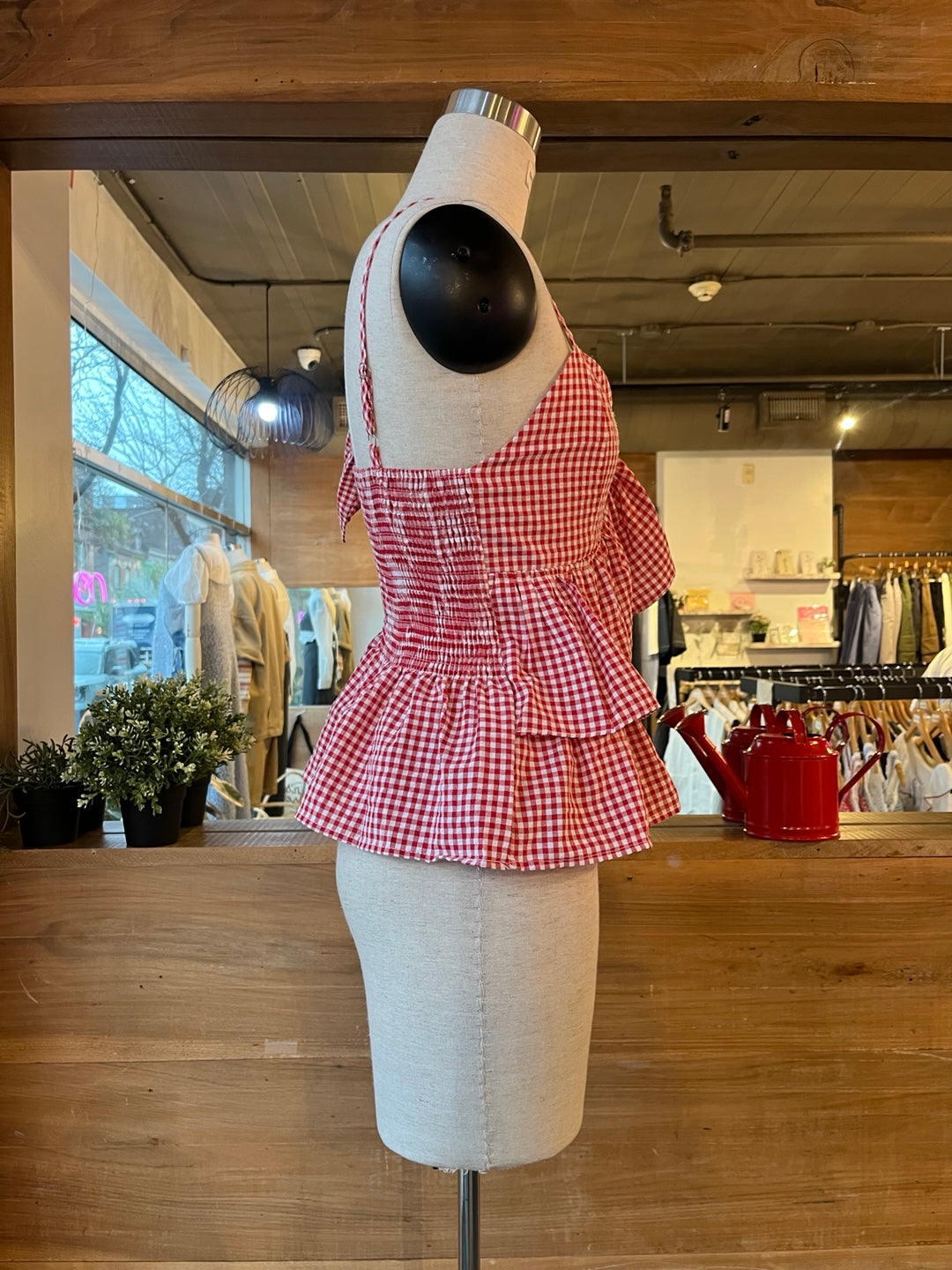 One Shoulder Gingham Ruffle Blouse