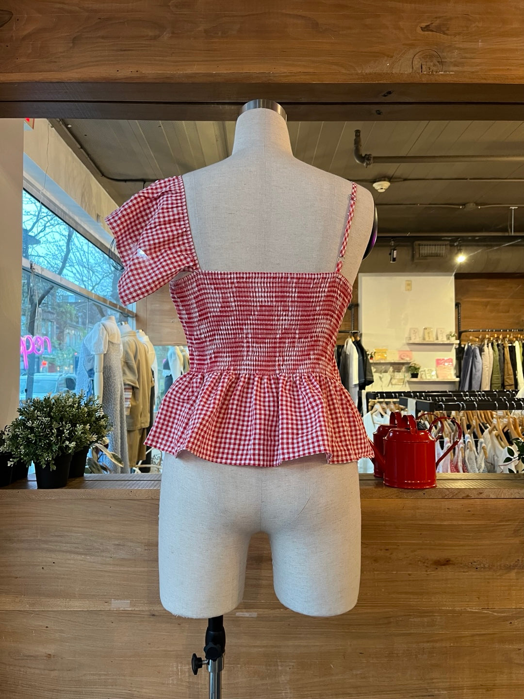 One Shoulder Gingham Ruffle Blouse
