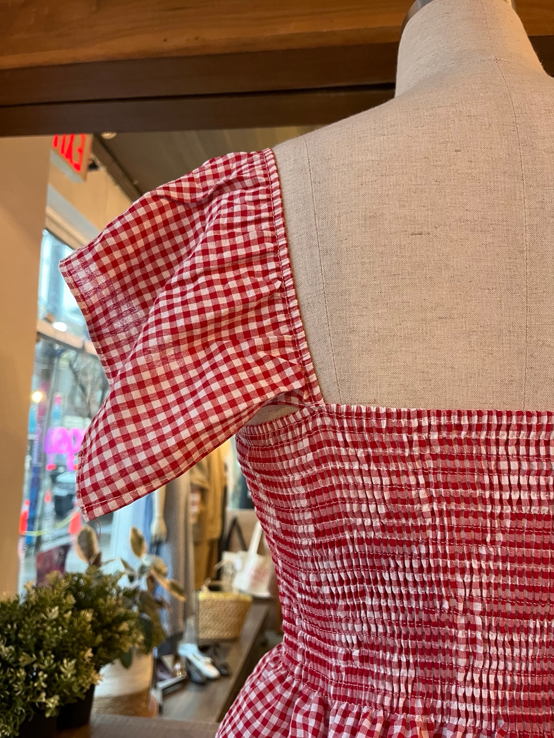 One Shoulder Gingham Ruffle Blouse