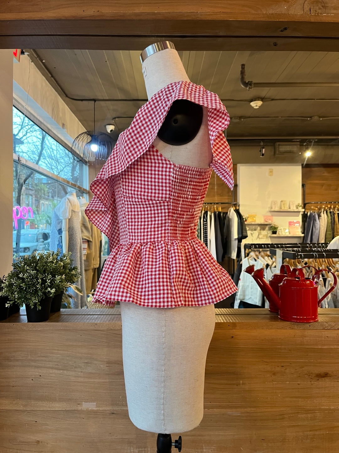 One Shoulder Gingham Ruffle Blouse