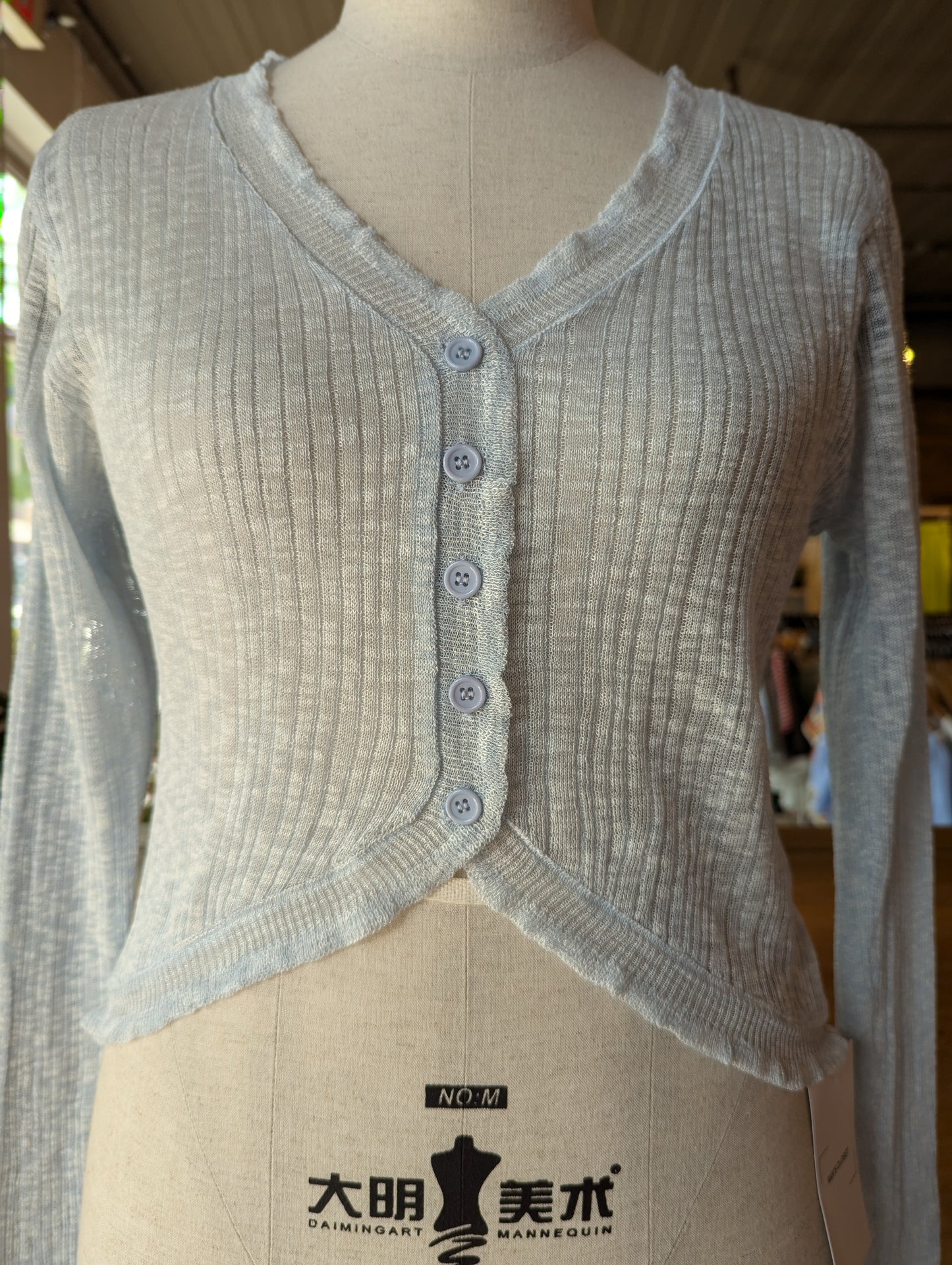 Sheer Button Up Cardigan with Ruffled Trim