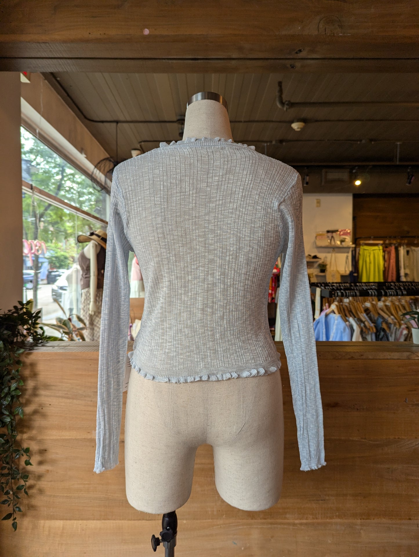 Sheer Button Up Cardigan with Ruffled Trim