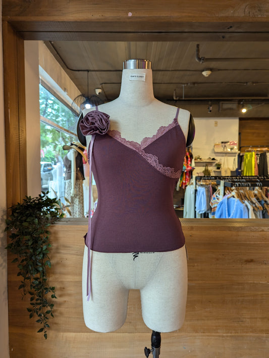 Purple Lace Detailed Tank Top with Flower Decal