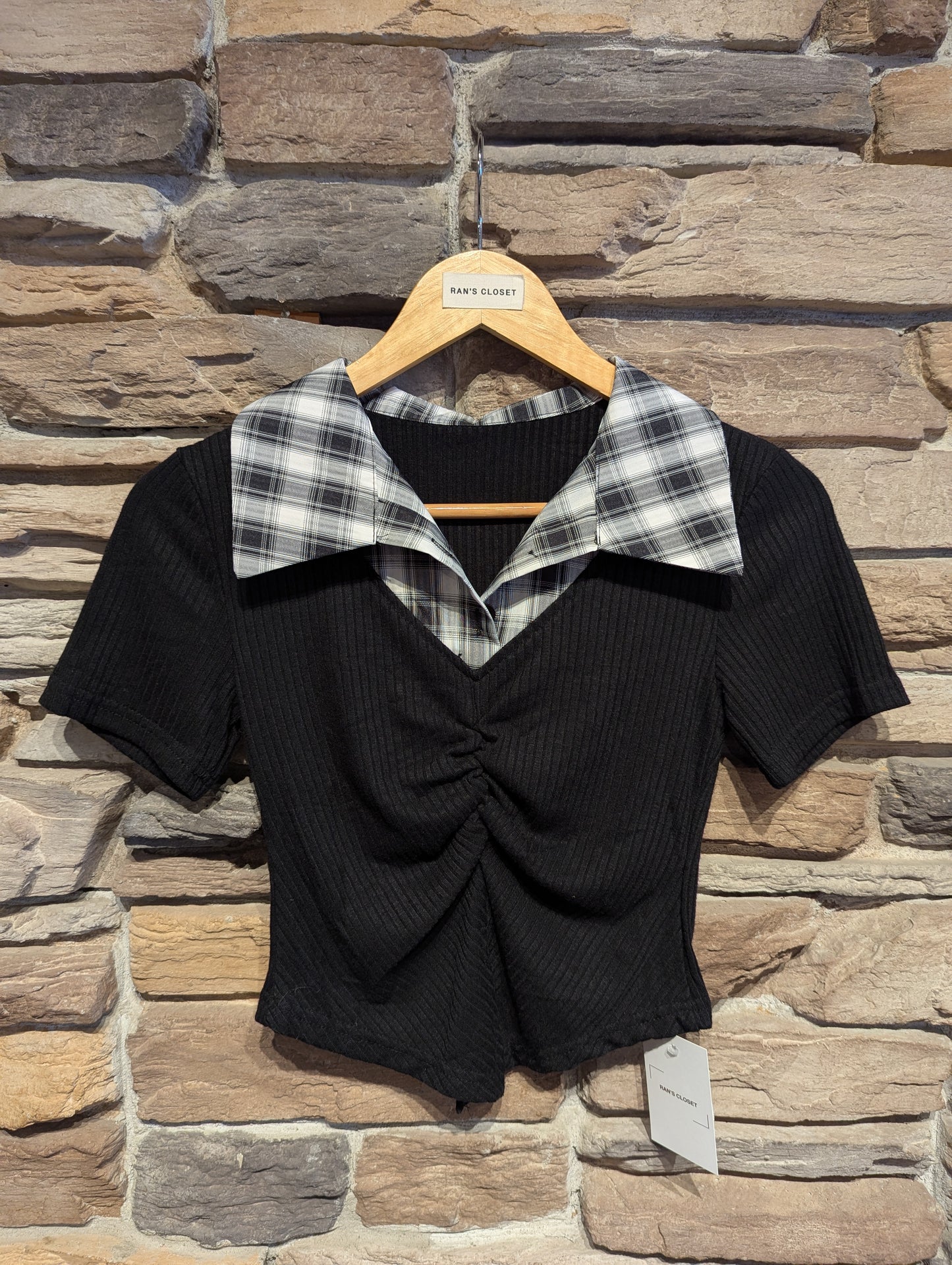 Plaid Collar Rouched Top