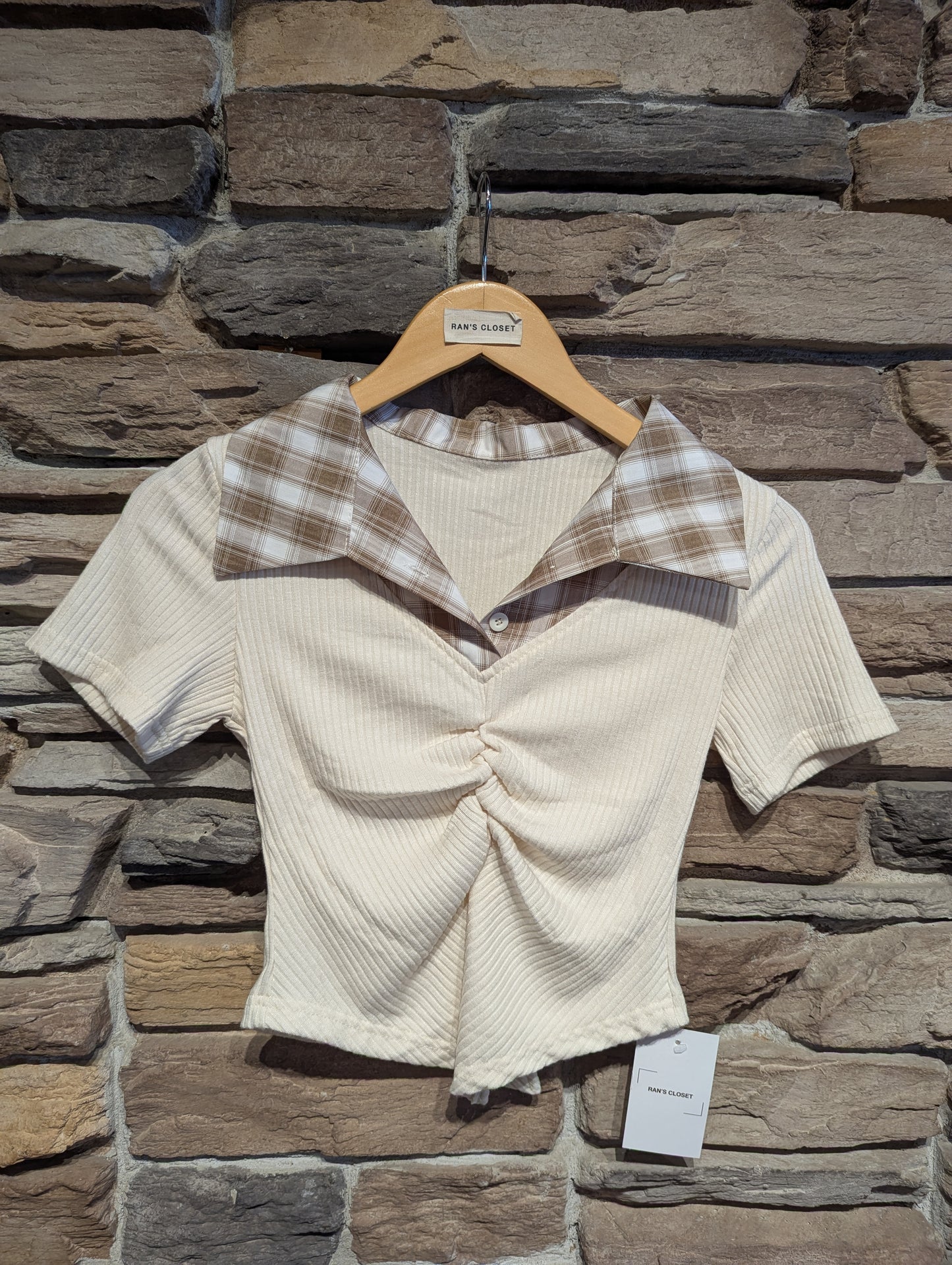 Plaid Collar Rouched Top
