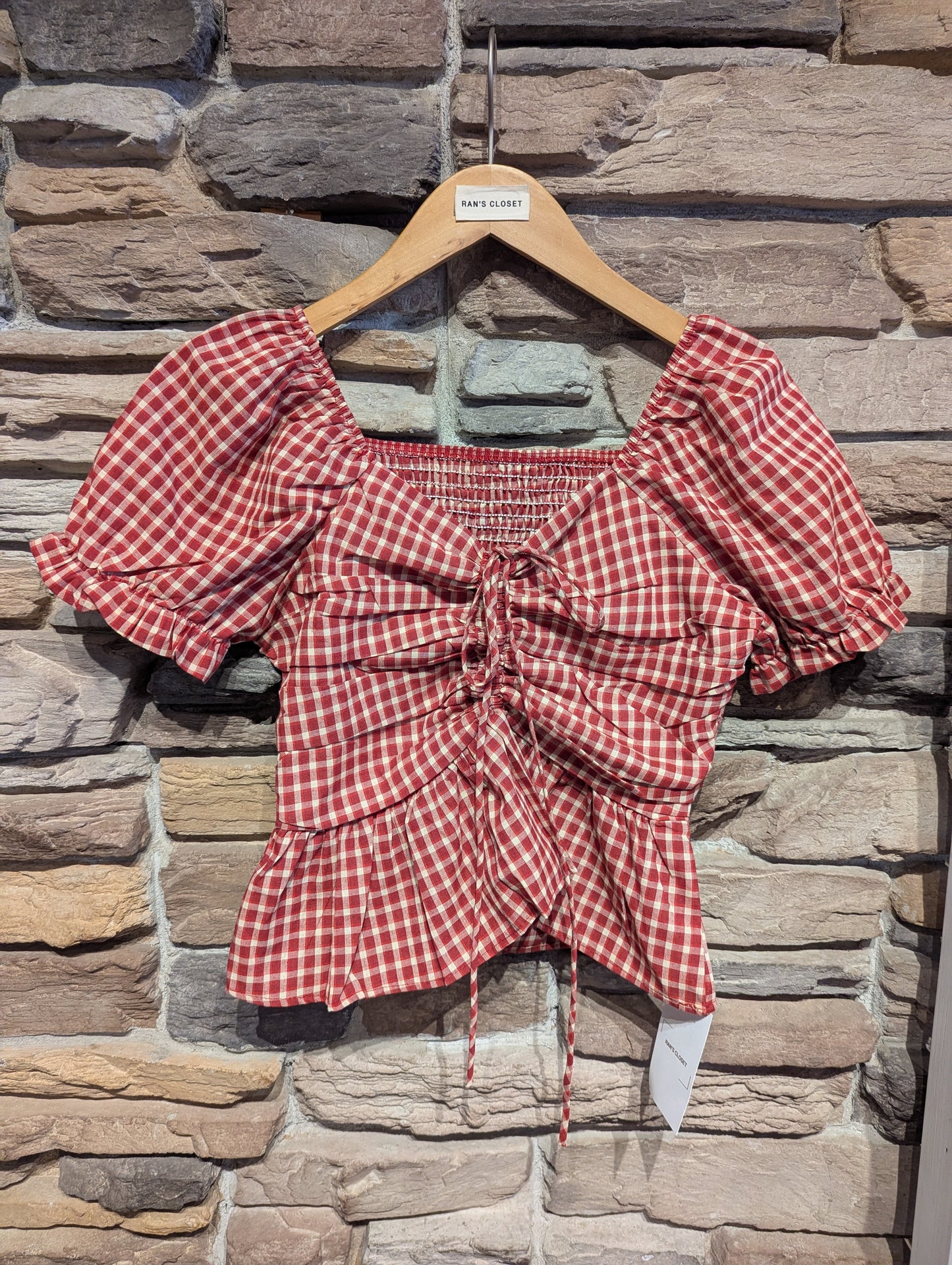 Rouched Puff Sleeve Plaid Top