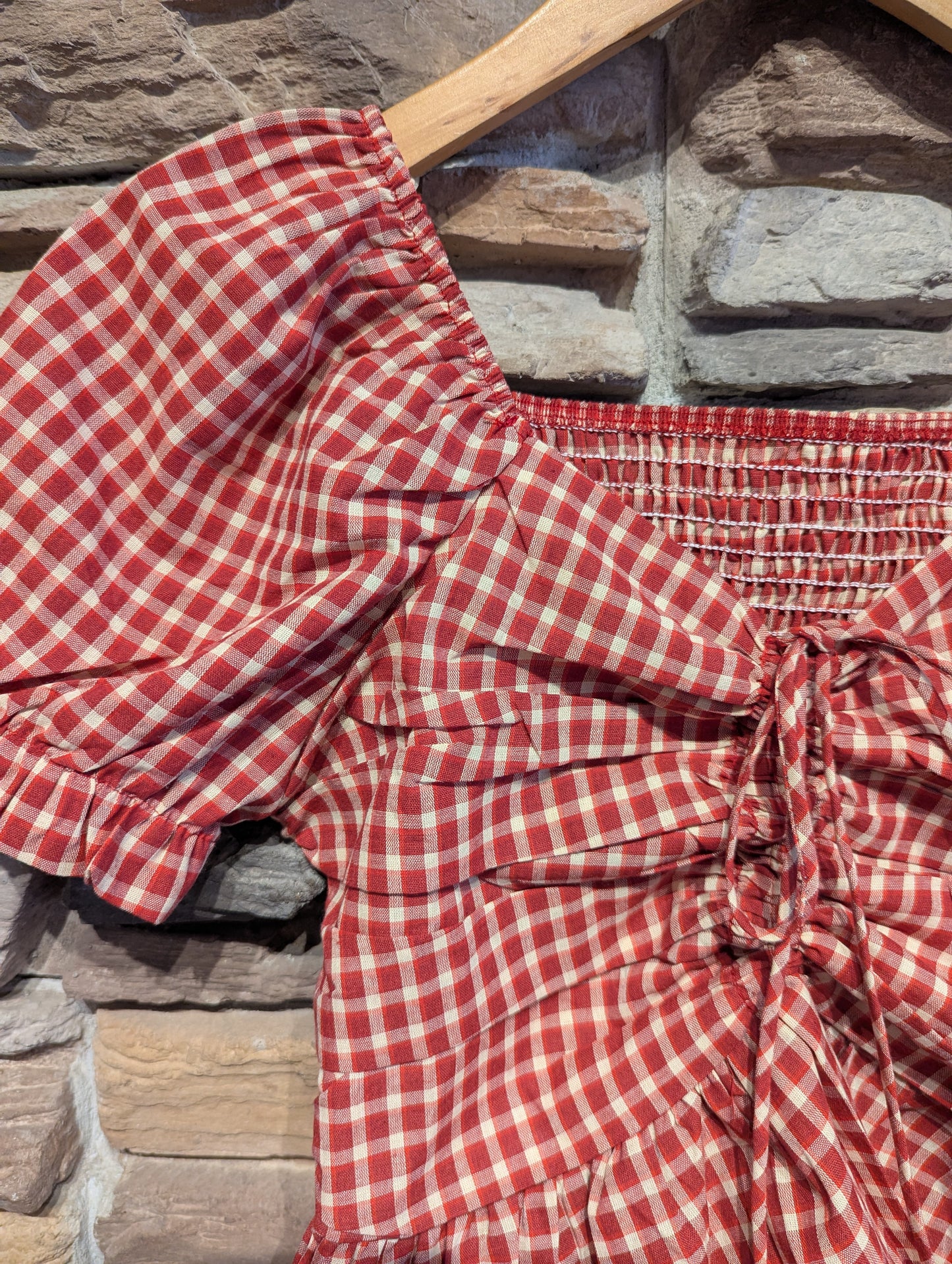 Rouched Puff Sleeve Plaid Top