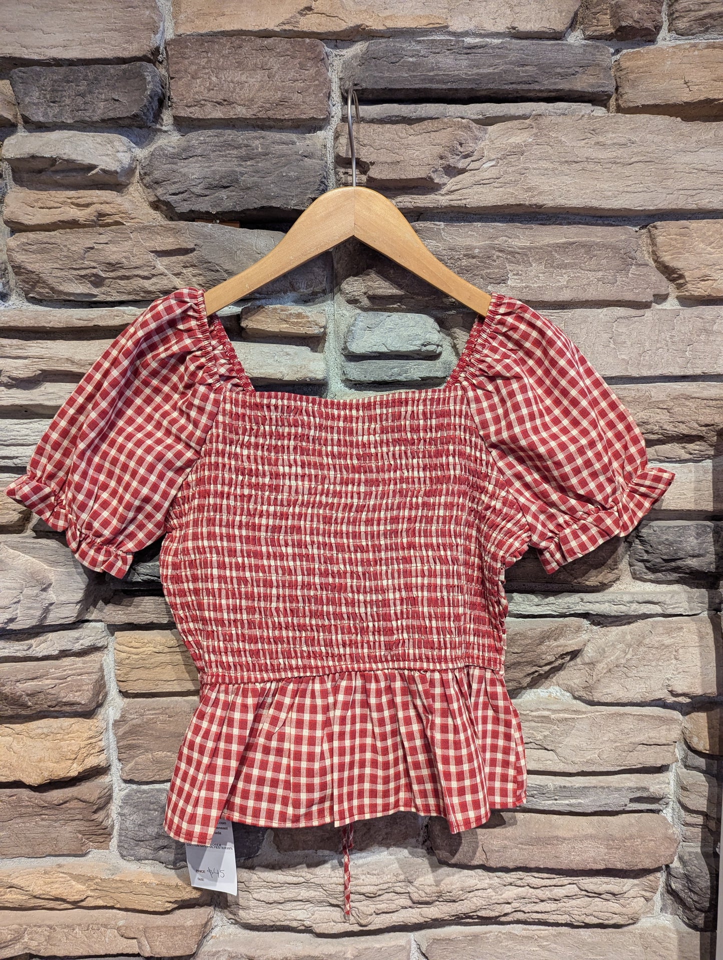 Rouched Puff Sleeve Plaid Top