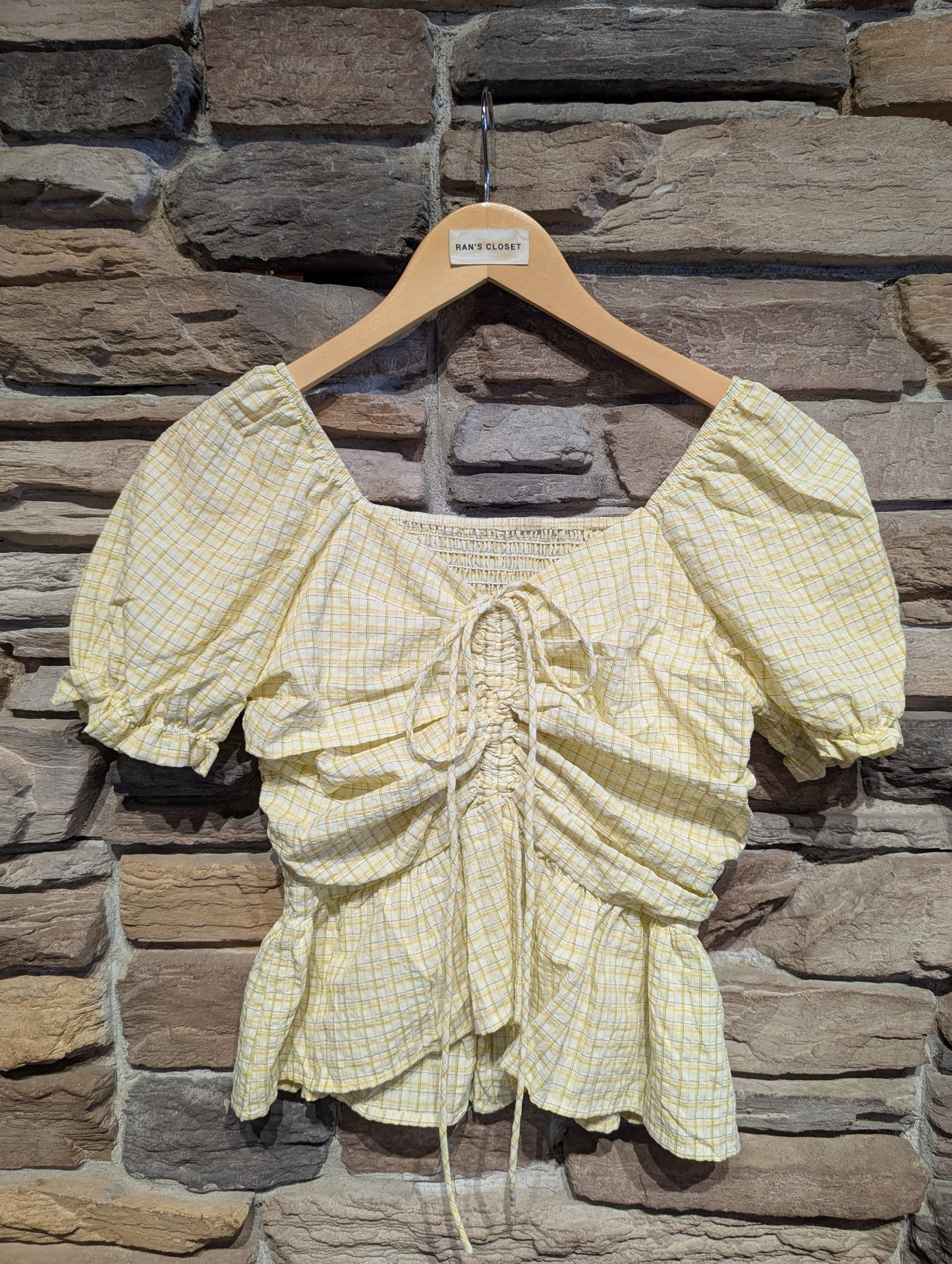 Rouched Puff Sleeve Plaid Top