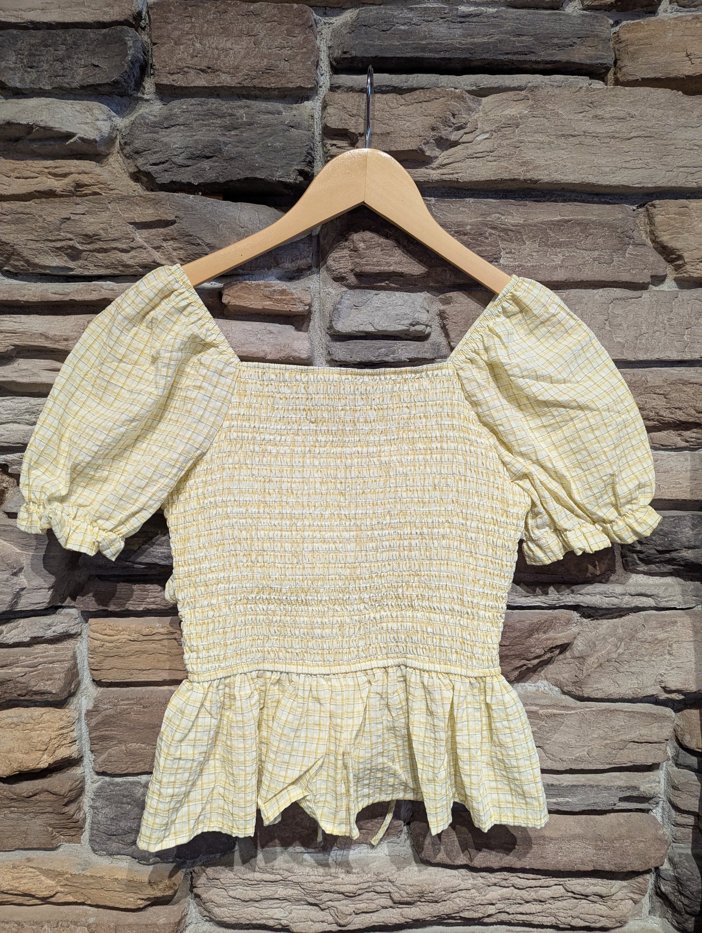 Rouched Puff Sleeve Plaid Top