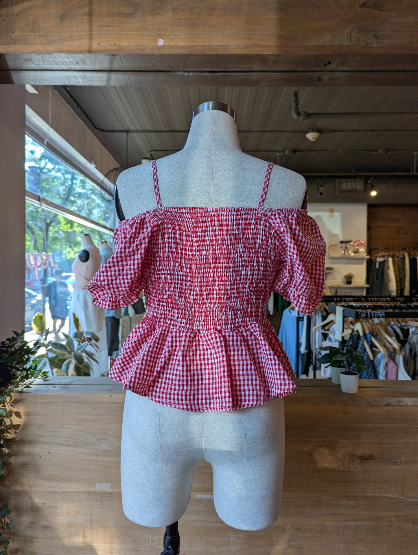 Off Shoulder Gingham Blouse