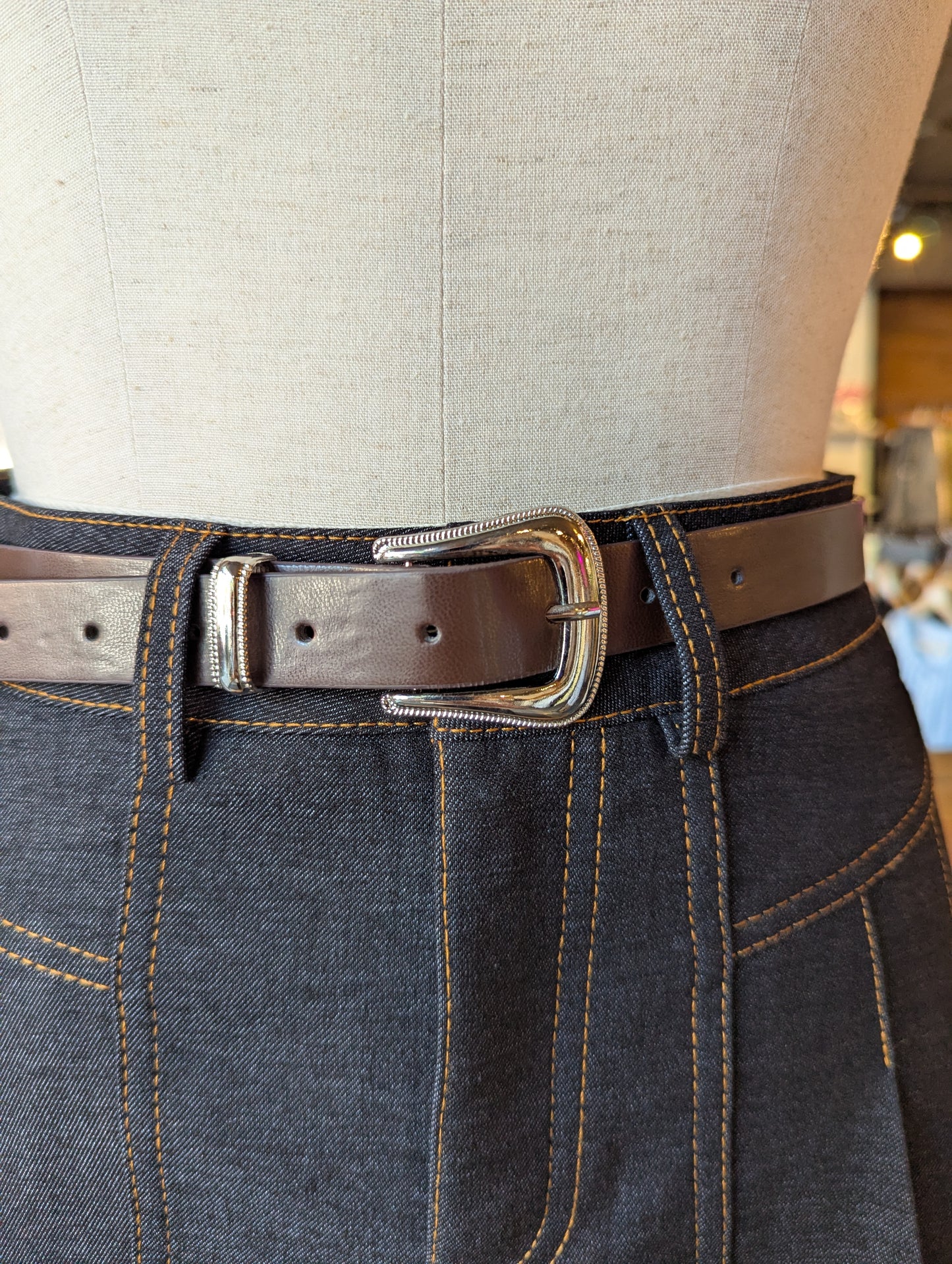 Pleated Denim Mini Skirt with Belt