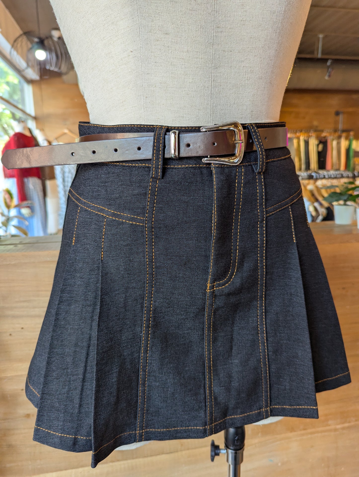 Pleated Denim Mini Skirt with Belt