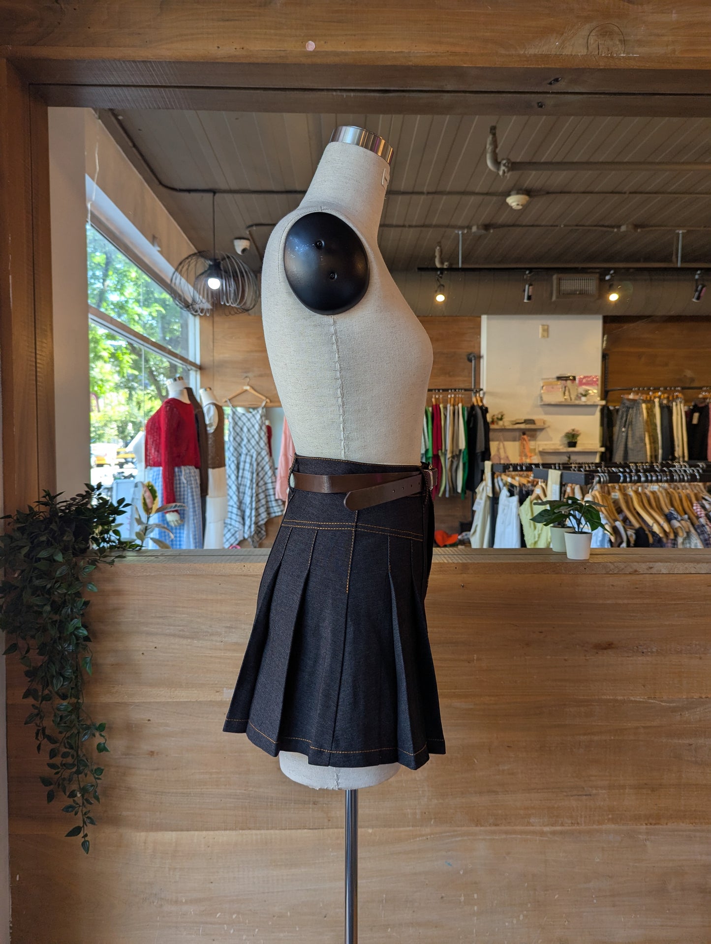 Pleated Denim Mini Skirt with Belt