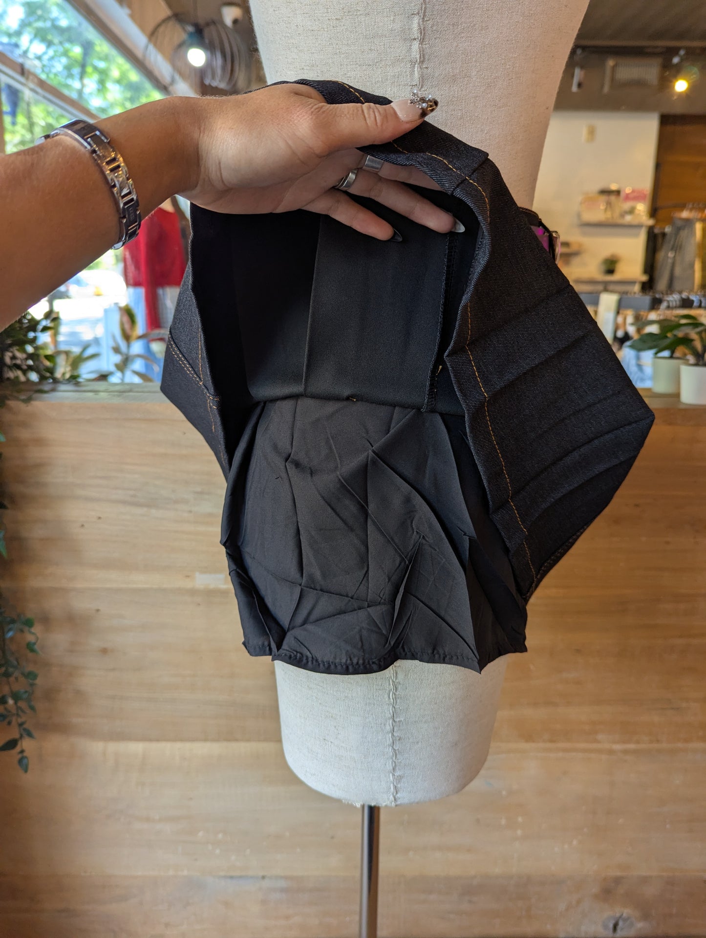 Pleated Denim Mini Skirt with Belt