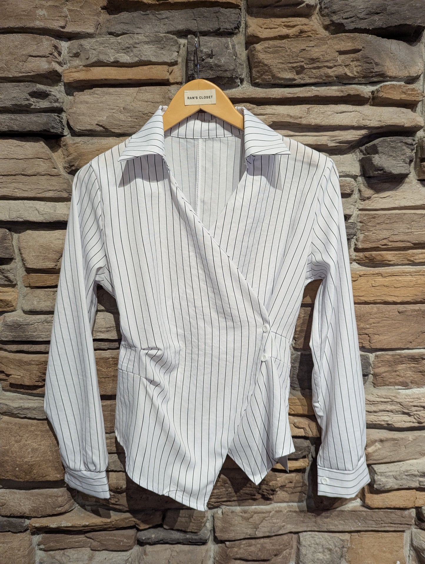 Side Cinched Pinstripe Blouse with Collar