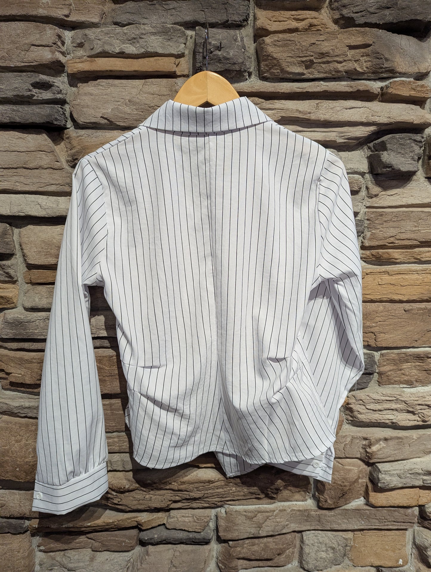 Side Cinched Pinstripe Blouse with Collar