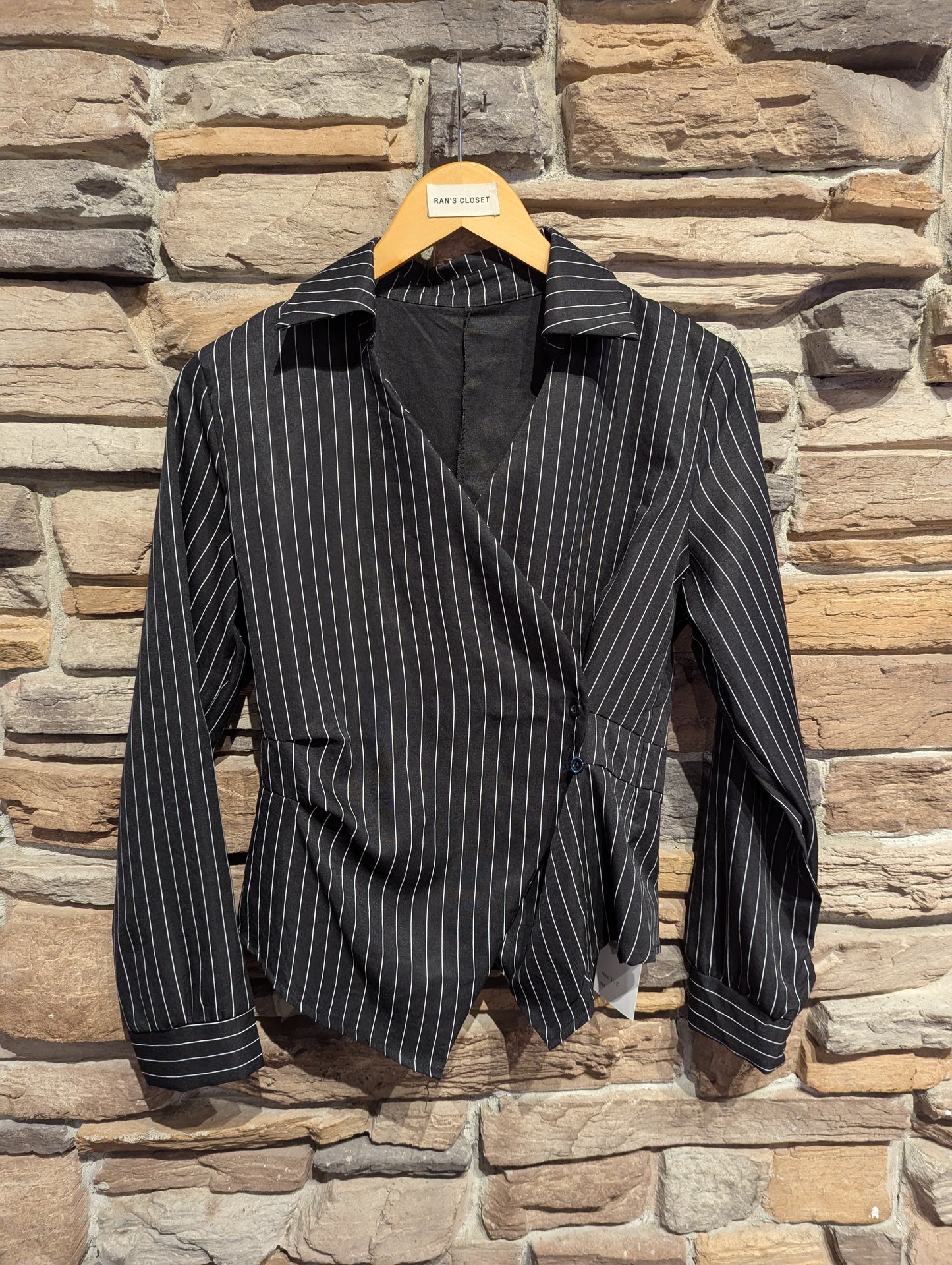 Side Cinched Pinstripe Blouse with Collar