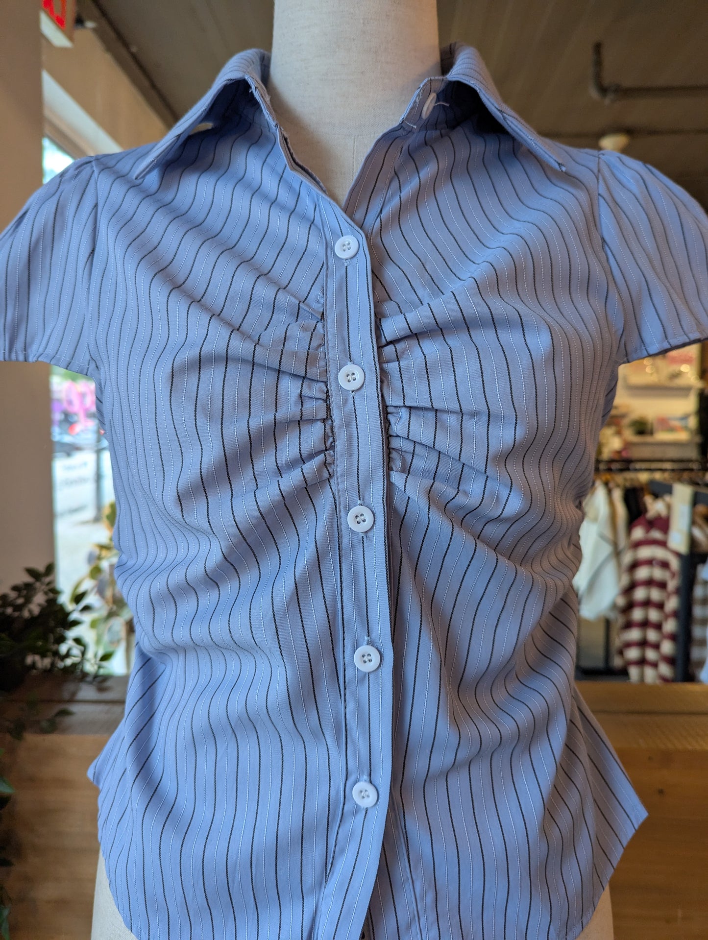 Short Sleeve Stripe Ruched Button Down