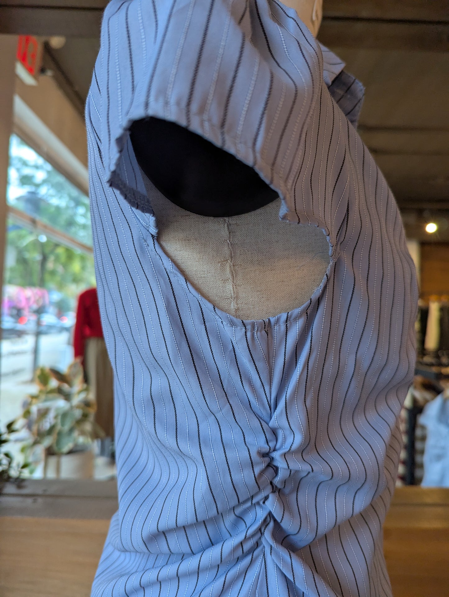Short Sleeve Stripe Ruched Button Down
