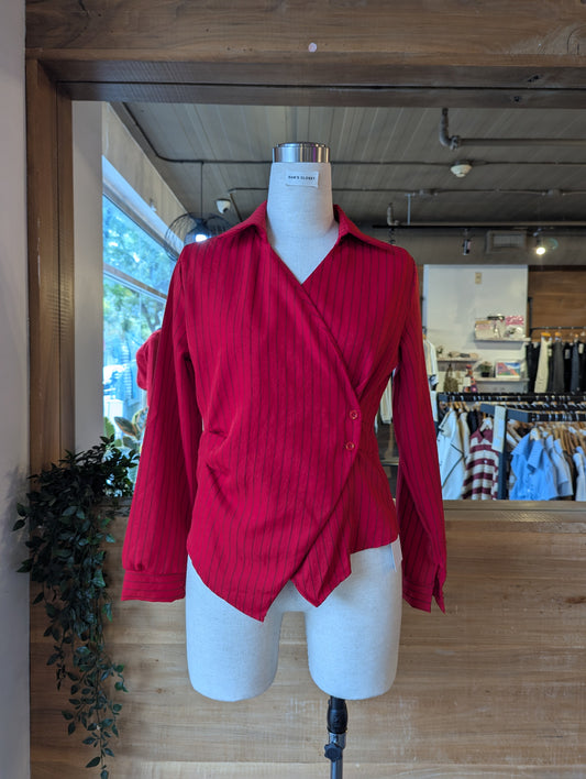 Side Cinched Pinstripe Blouse with Collar
