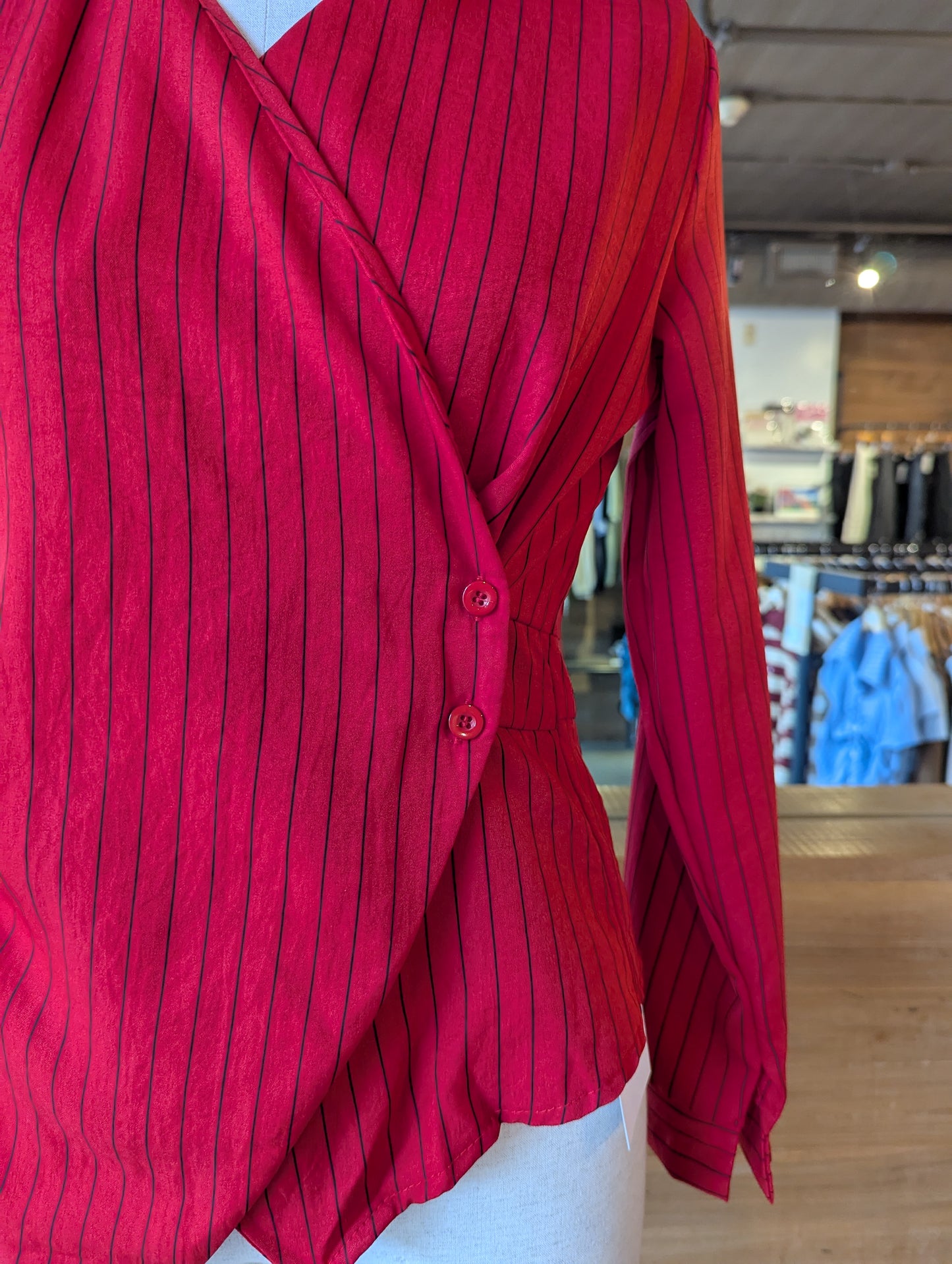 Side Cinched Pinstripe Blouse with Collar