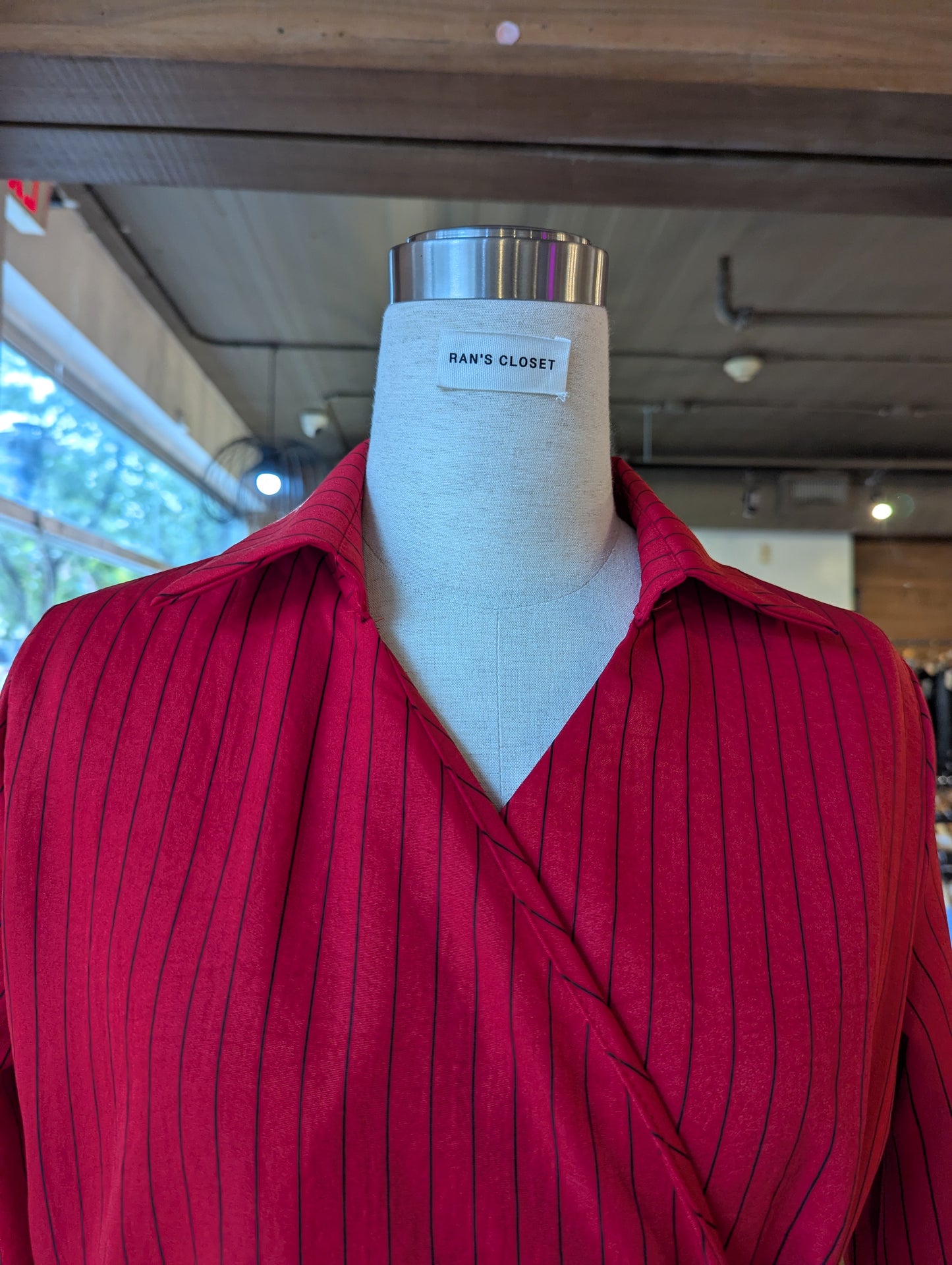 Side Cinched Pinstripe Blouse with Collar
