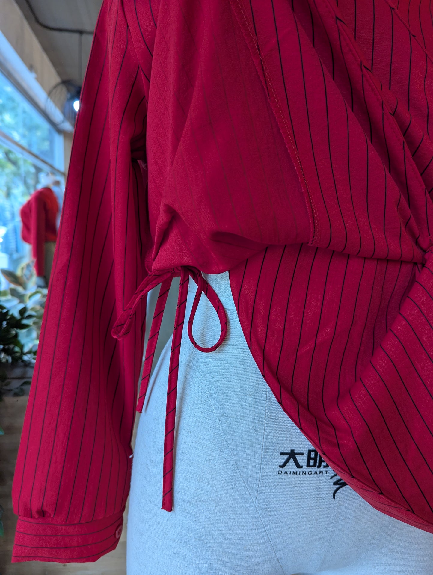 Side Cinched Pinstripe Blouse with Collar