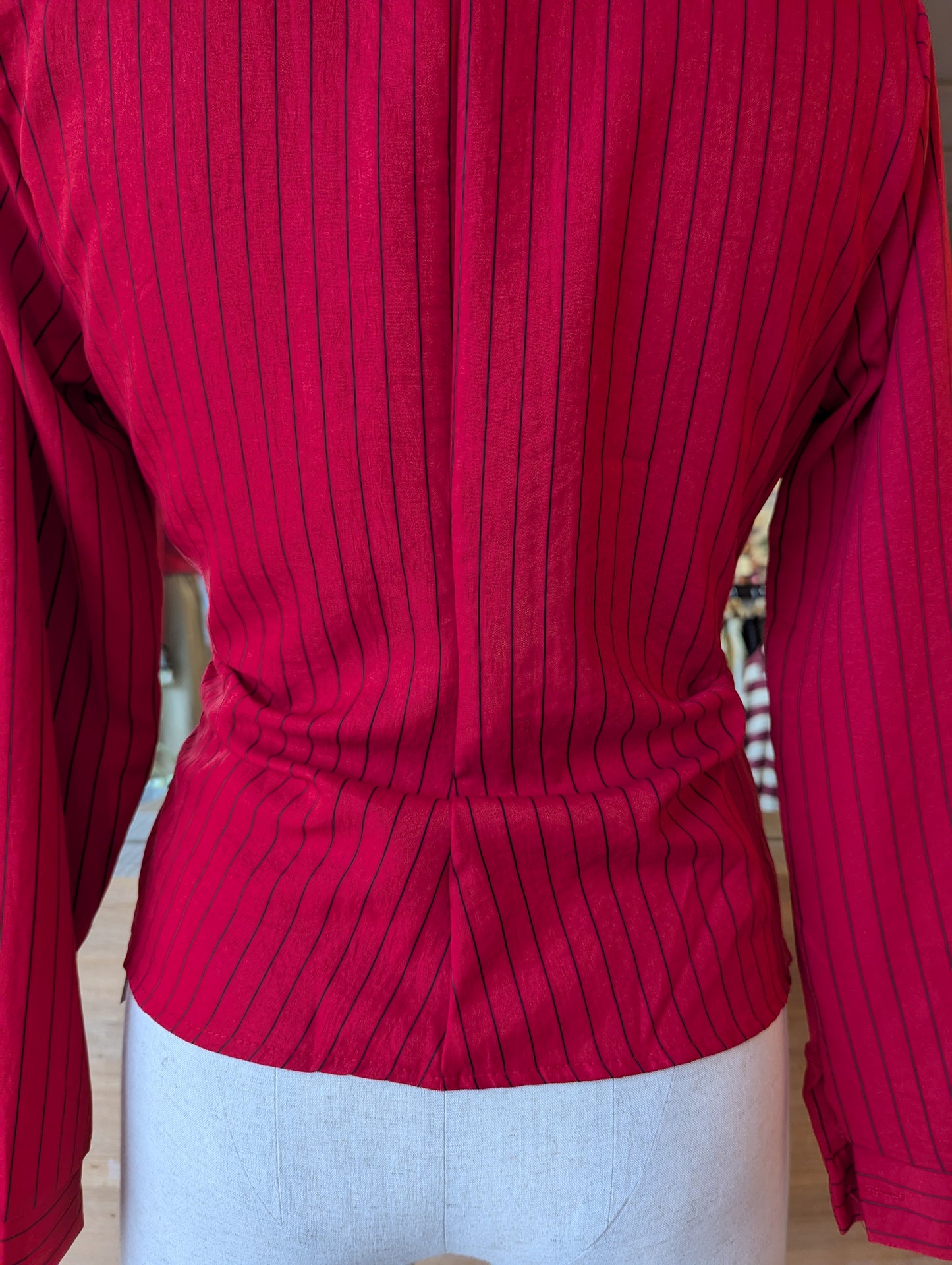 Side Cinched Pinstripe Blouse with Collar