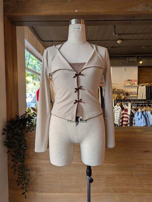 Ribbed Bell Sleeve Ribbon Detail Set