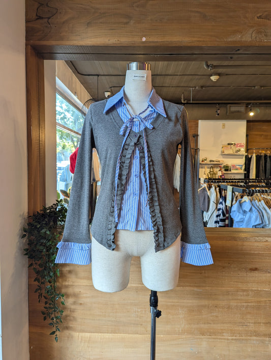 Ruffle Cardigan with Built in Collar Shirt