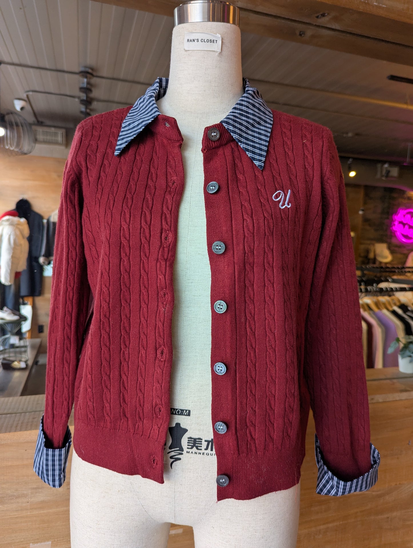 "U' Embroidered Cable Knit Cardigan with Plaid detail