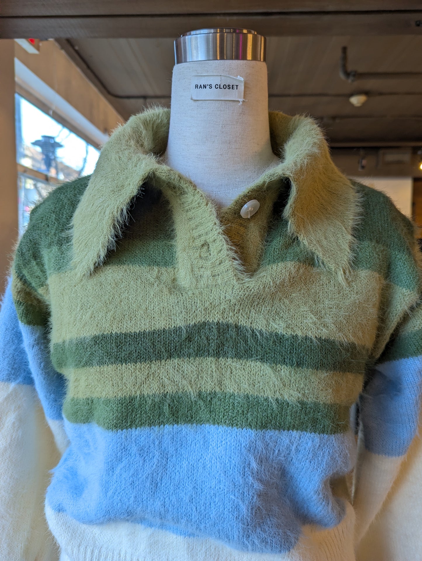 Big Collar Fuzzy Striped Sweater