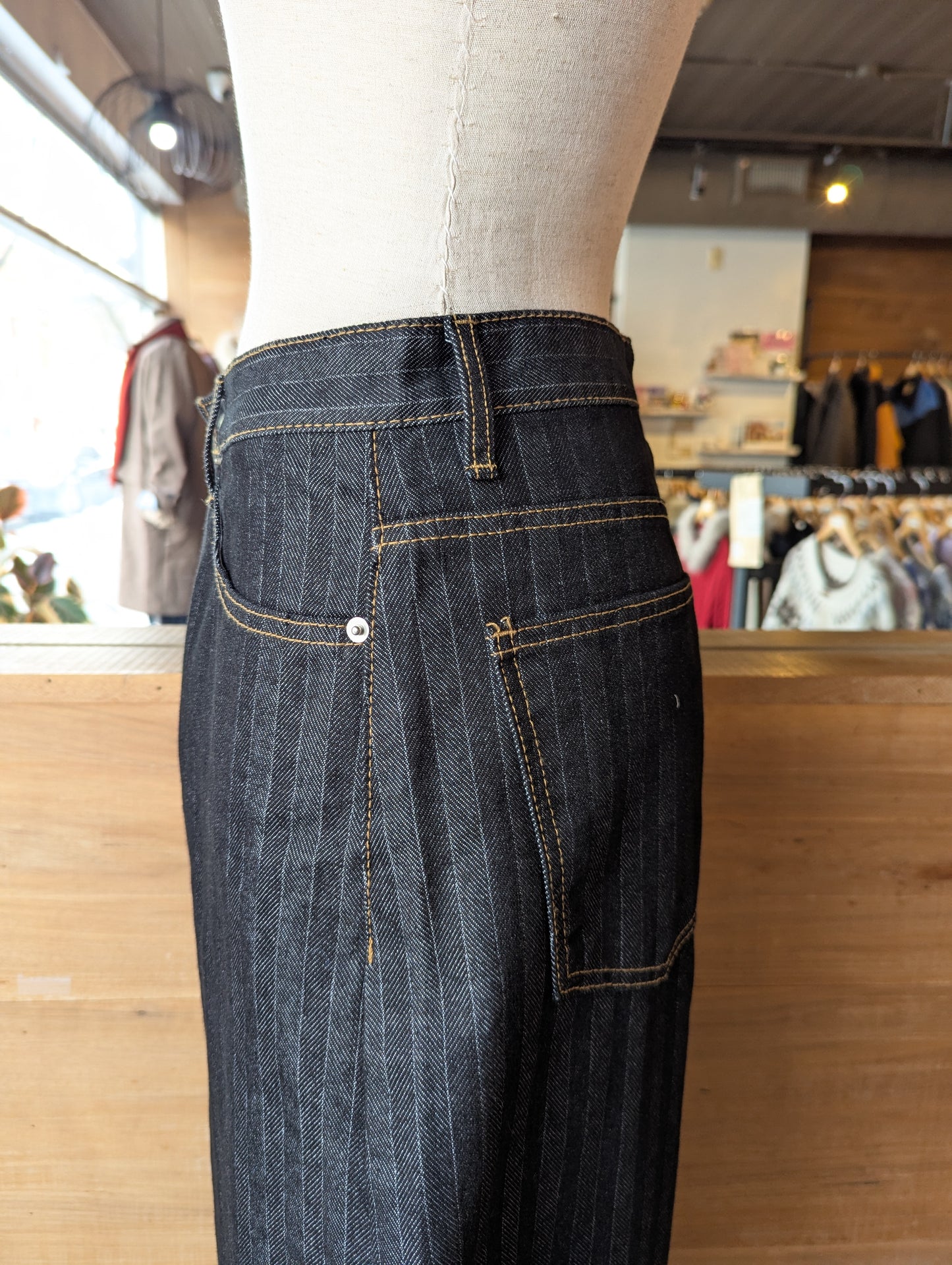 Pinstripe Barrel Pants with Orange Contrast Stitching