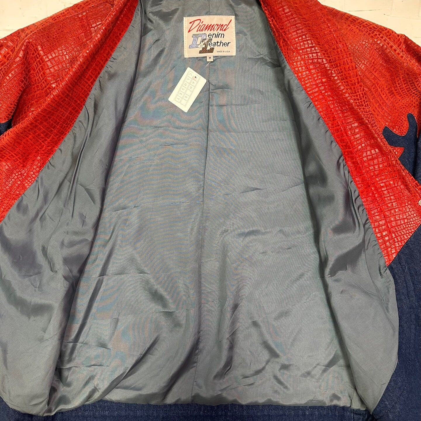 Vintage Diamond Denim and Leather Blazer Coat with Flame Detail | Denim and Leather Blazer | Diamond Denim and Leather | Size M | SKU M-1850