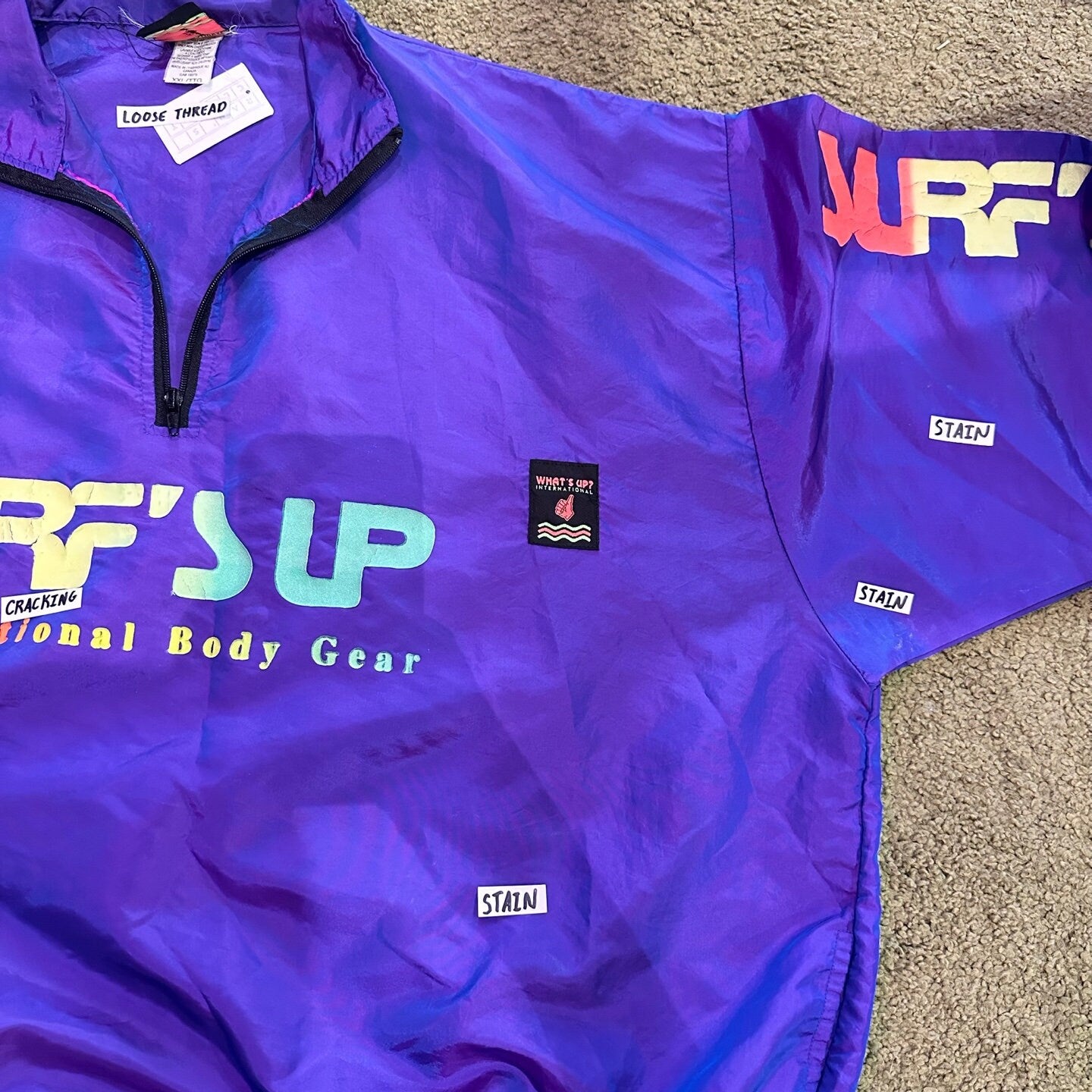 Vintage What's Up International "Surf's Up" Purple Nylon Jacket and Pants | Vintage Active Set | Iridescence Purple | Quarter Zip | STQ-3060