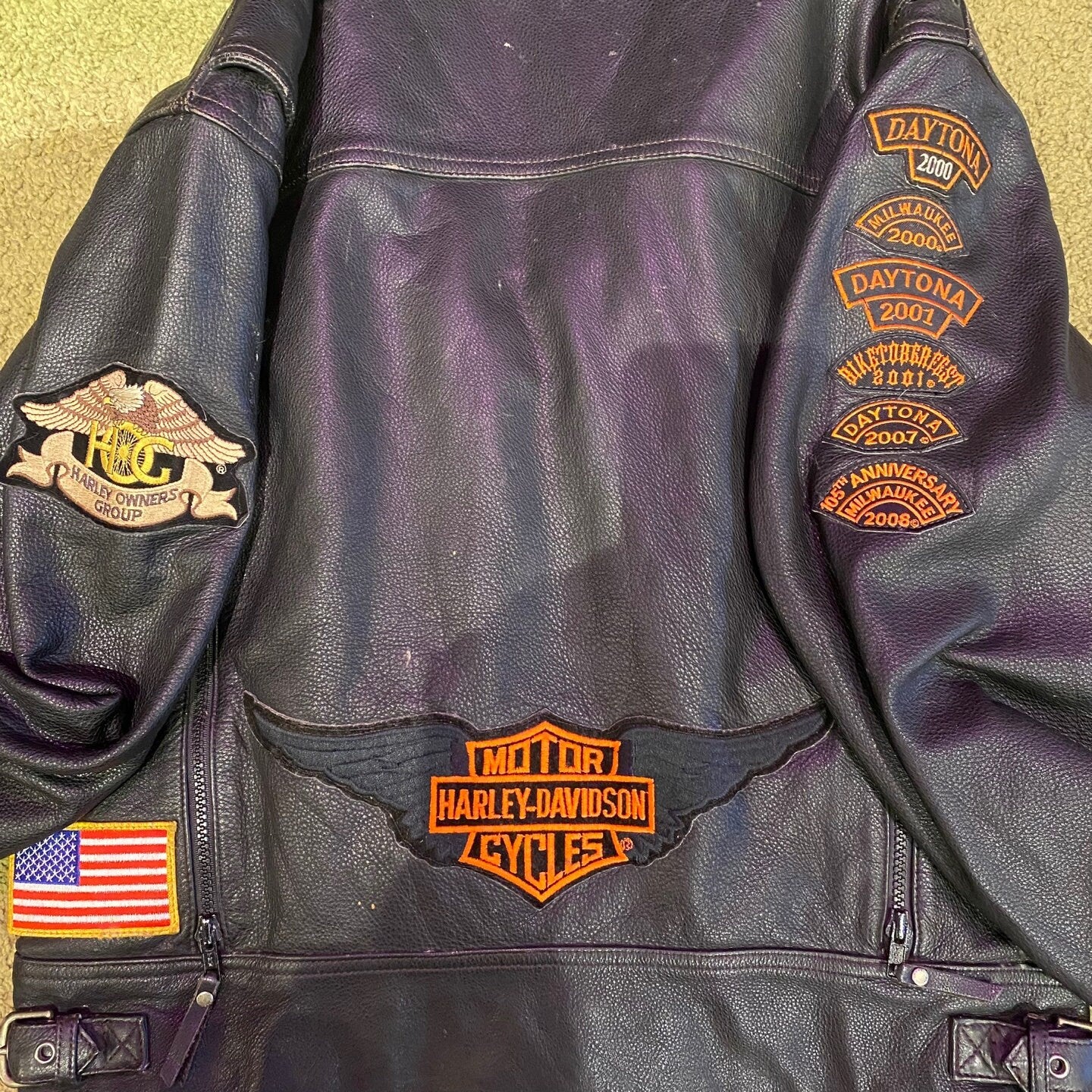 Vintage Harley Davidson Leather Motorcycle Jacket | Harley Davidson Jacket | Side Zip | Black Leather | Patches | Daytona | STQ-3544