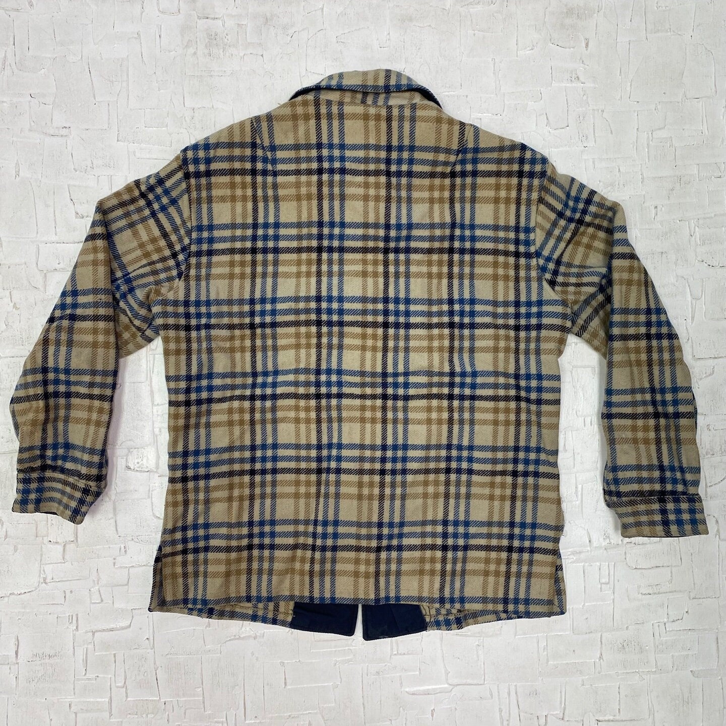 Vintage 60-70's Beige and Navy Blue Tartan Pendleton Shirt Jacket