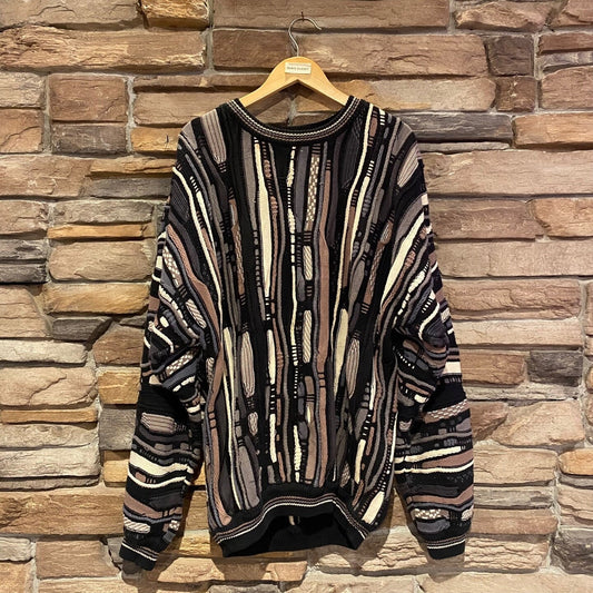 Vintage Brown and Black 3D Cotton Traders Knit Crewneck Sweater | Vintage Knit Sweater | 90's Style | Biggie | Size XL | SKU: NPQ-2075