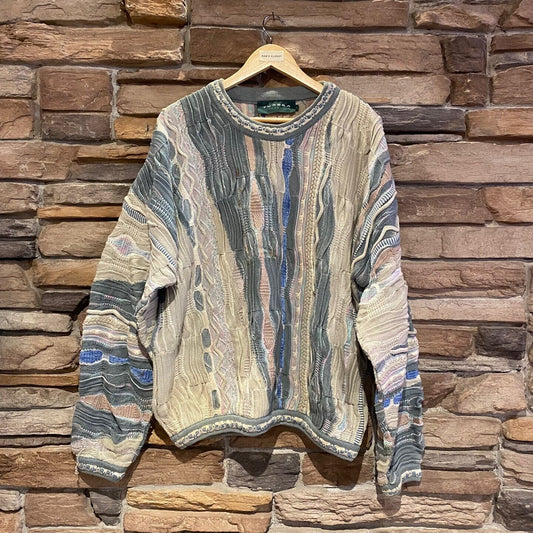 Vintage Tundra Brand Coogi Style Knit Sweater | Vintage Sweater | Light Earth Tone/Blue Tone Coogi Style Tundra Sweater | XL Size | NPQ-2079