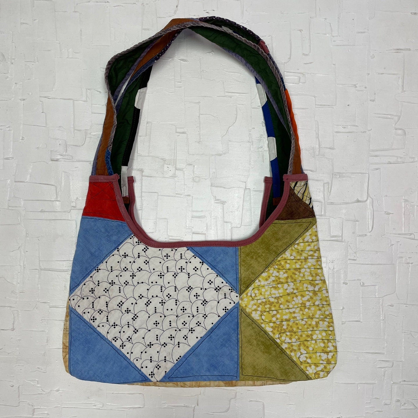 Upcycled Pink, Blue, Green Patterned Quilted Fabric Army Green Reversible Tote Bag | Upcycled | Handmade | Rans Closet Canada | SKU: RW-2
