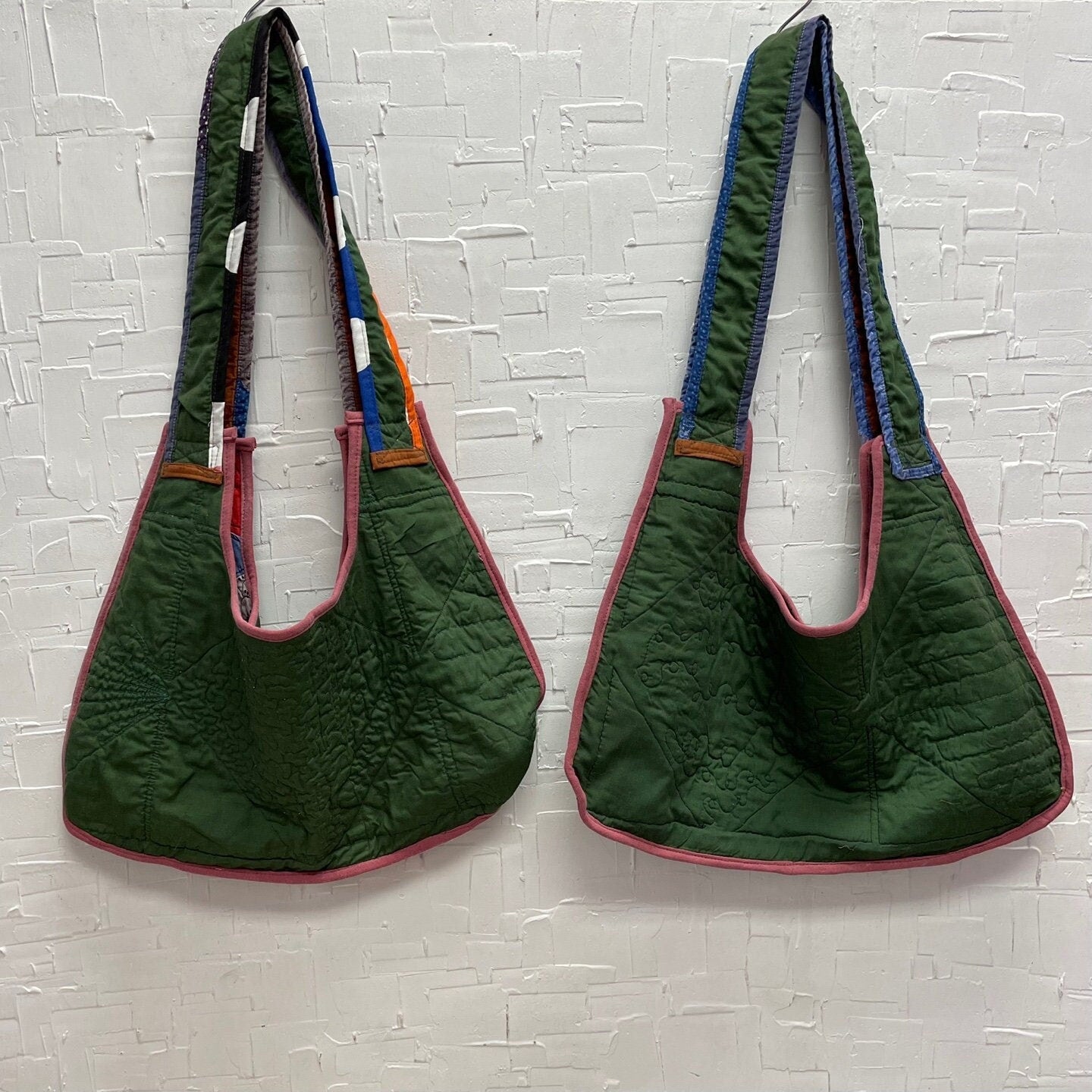 Upcycled Pink, Blue, Green Patterned Quilted Fabric Army Green Reversible Tote Bag | Upcycled | Handmade | Rans Closet Canada | SKU: RW-2