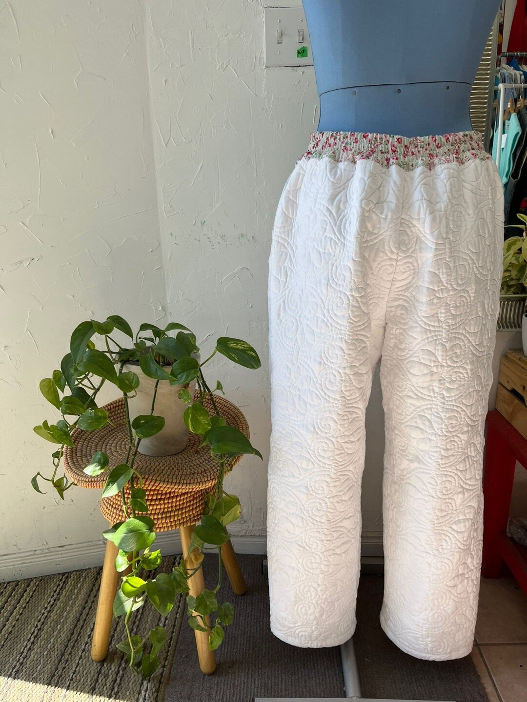 Upcycled White Quilt Fabric with Pink Paisley Detailing Handmade Parachute Style Pants | Reworked Vintage | Rans Closet Canada | SKU: RW-1
