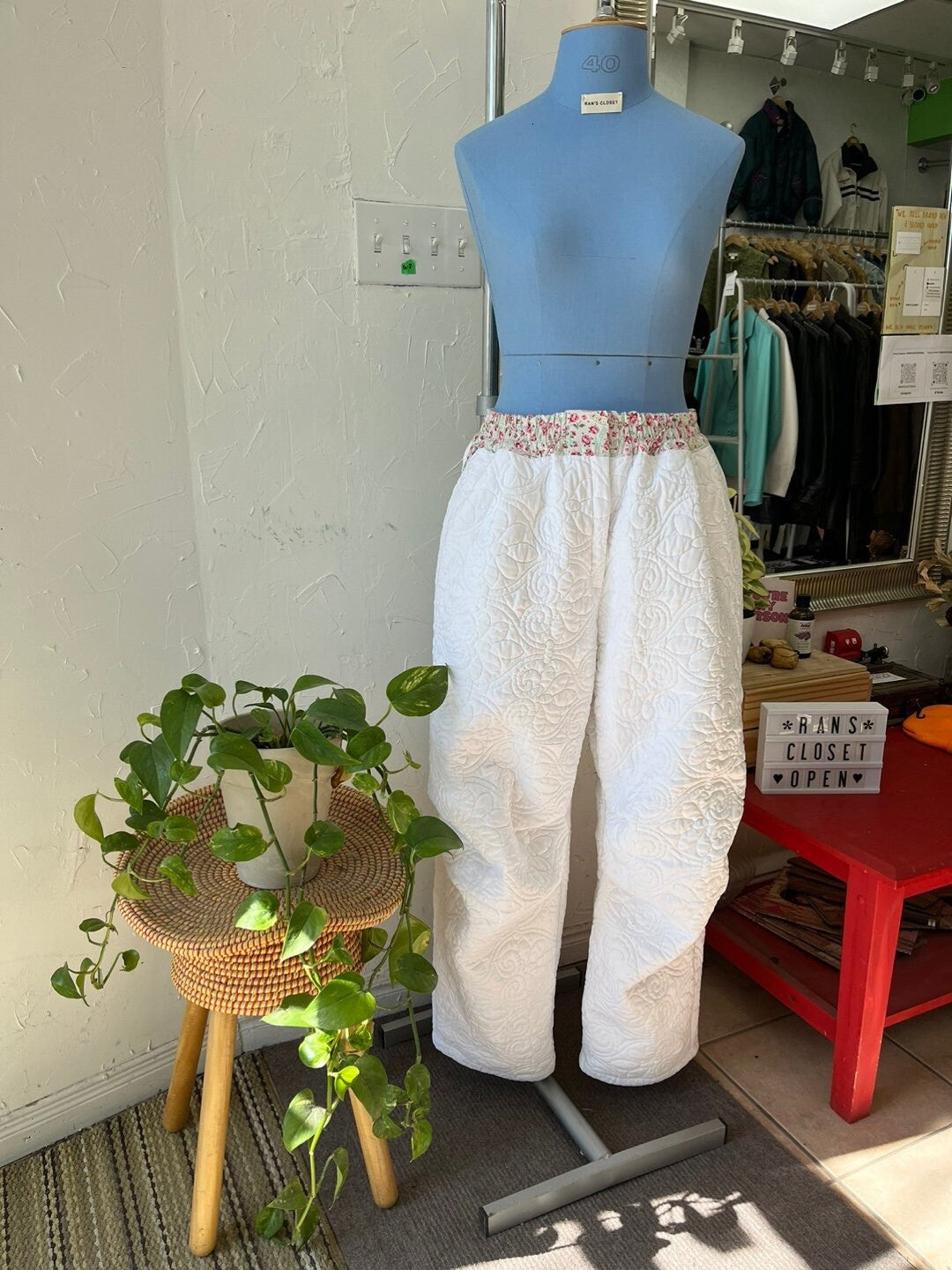Upcycled White Quilt Fabric with Pink Paisley Detailing Handmade Parachute Style Pants | Reworked Vintage | Rans Closet Canada | SKU: RW-1