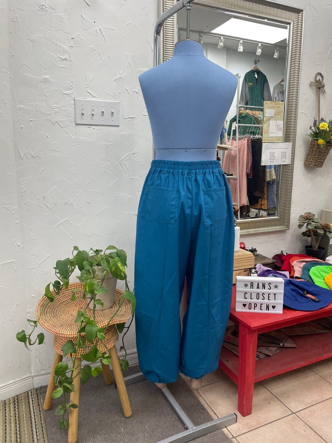Upcycled Blue Fabric Handmade Parachute Pants with Pockets and Ankle Cinch | Streetwear | Reworked Vintage | Rans Closet Canada | SKU: RW-10