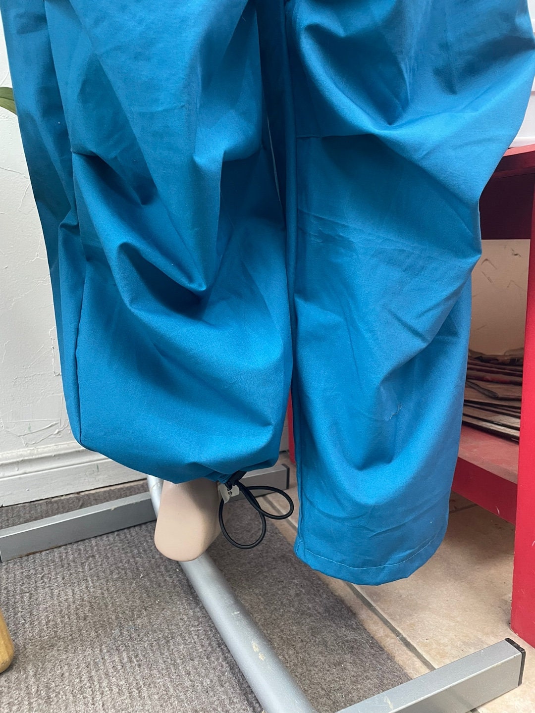 Upcycled Blue Fabric Handmade Parachute Pants with Pockets and Ankle Cinch | Streetwear | Reworked Vintage | Rans Closet Canada | SKU: RW-10