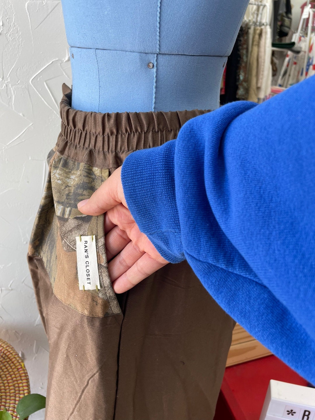 Upcycled Brown with Forest Camo and Pocket Detailing Parachute Pants | Reworked Vintage | Handmade Pants | Rans Closet Canada | SKU: RW-11