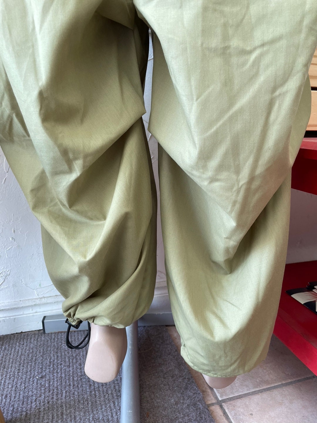 Upcycled Light Green Fabric Parachute Pants with Ankle Cinching | Reworked Vintage | Upcycled Fashion | Rans Closet Canada | SKU: RW-13