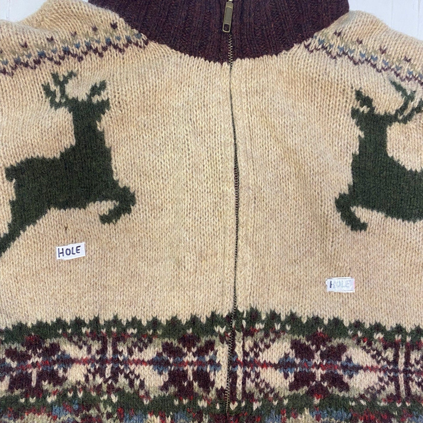 Vintage Chaps Ralph Lauren Hand Knit Zip Up Cardigan | Vintage Cardigan | Wool | Deer Pattern | Plaid Knit | Christmas | Size L | M-1938